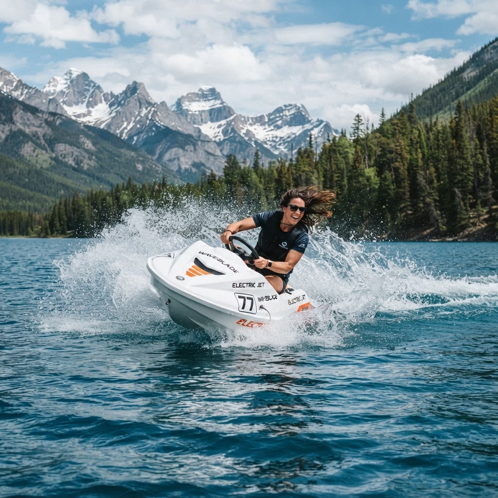 Driver carving a turn on a mountain lake in a LakeVolt jet boat