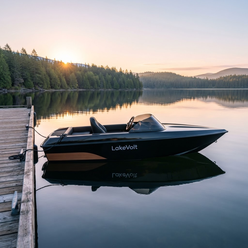 LakeVolt boat moored at a quiet dock at sunrise