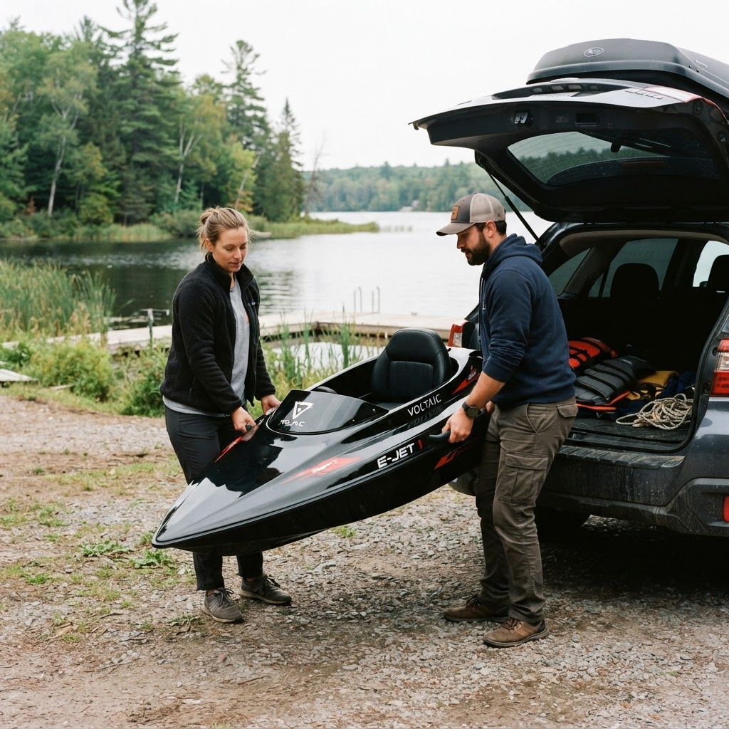 A couple loading a LakeVolt boat at a Canadian lakeshore