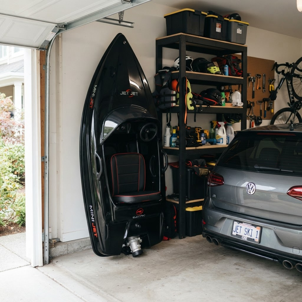 LakeVolt boat stored compactly in a home garage without taking up space
