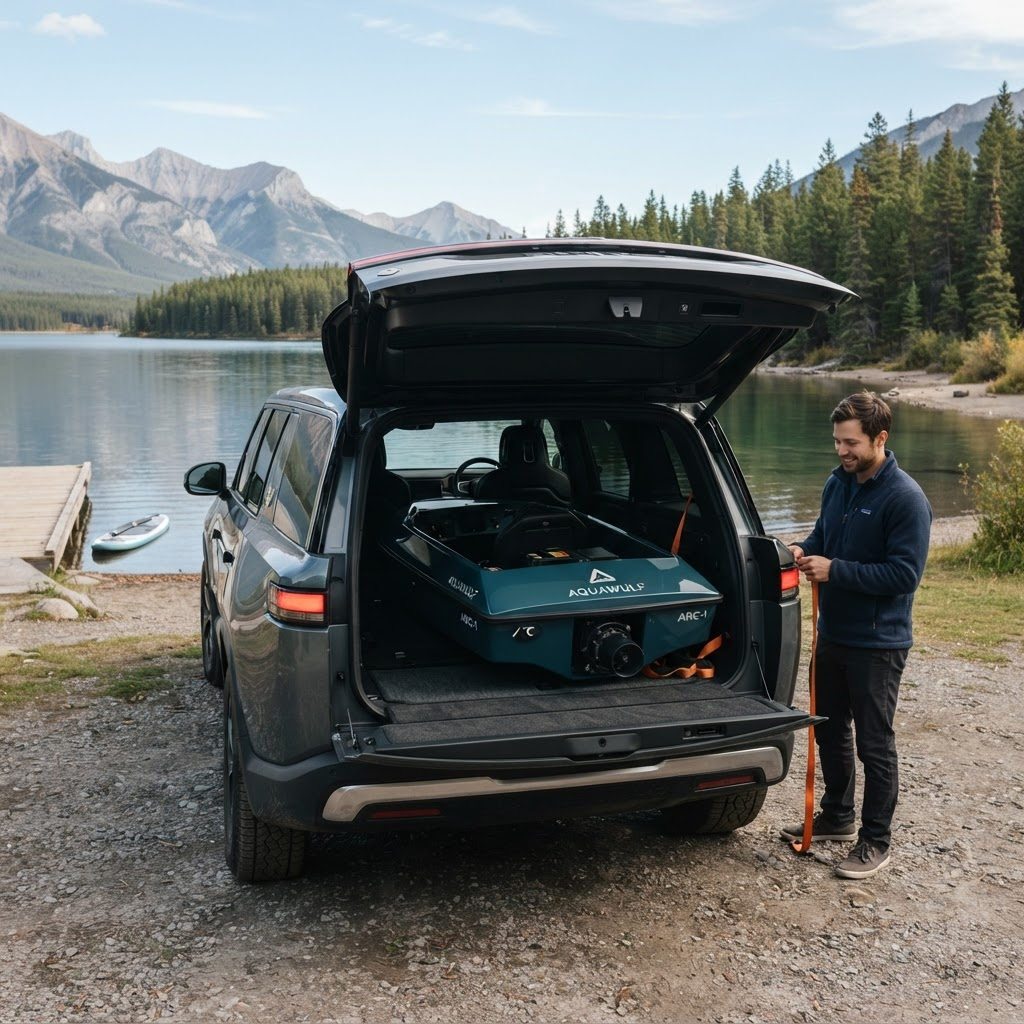 LakeVolt mini jet boat loaded into the trunk of an SUV