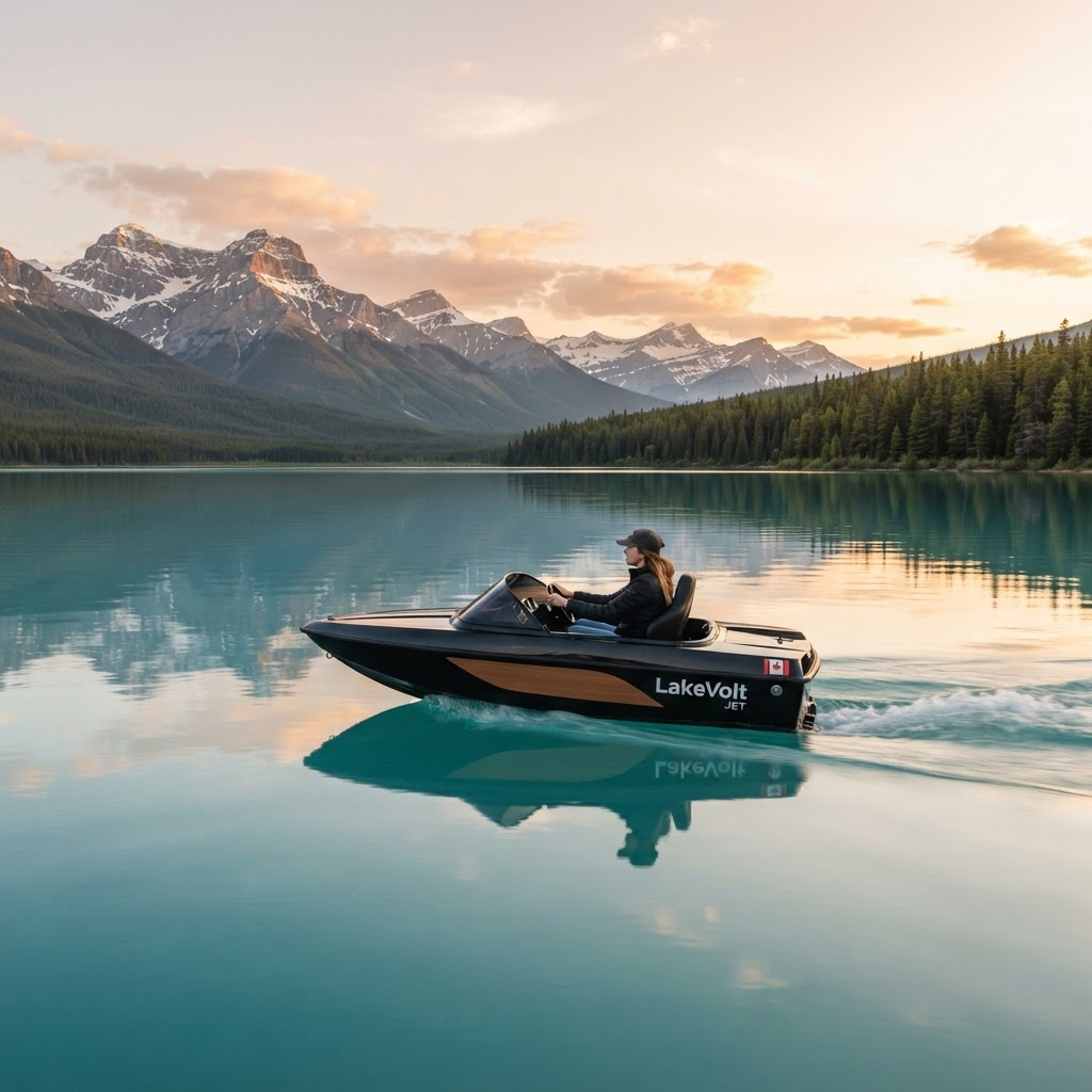 A woman driving a black LakeVolt single-seat electric mini jet boat across a Canadian mountain lake at golden hour